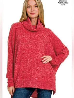 Zenana Brushed Women's Soft Sweater - Cowl Neckline in Dusty Red S Oversized